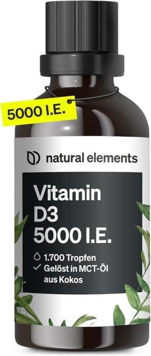 Vitamin D3 - Laborgeprüfte 5000 IE pro Tropfen - 50ml (1700 Tropfen) - In MCT-Öl aus Kokos - Hochdosiert, flüssig