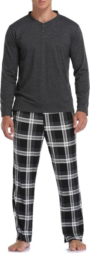 Vlazom Herren Pajama Set Lang Zweiteiliger Schlafanzug Herren Kariert Flanell Hose und einfärbiger T-Shirt