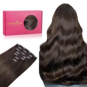 WENNALIFE Clip in Extensions Echthaar, 50cm 20 Zoll 120g 7pcs Helles Dunkelbraun Haarverlängerung Clip in Echthaar Remy Clip in Haarverlängerung Natürliche Echthaar Extensions