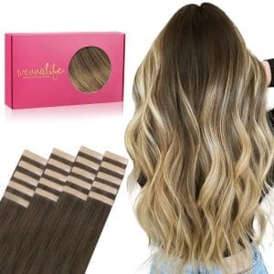 WENNALIFE Tape Extensions Echthaar, 20 Stück 50 g 50 cm 20 Zoll Ombré Walnuss Braun bis Ash Braun und Bleach Blonde Remy Invisible Tape Extensions Seidig Gerade Echthaar Extensions Skin Weft Tape Ins