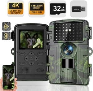 Wildkamera, 4K Video Wildtierkamera, 60MP Full HD WLAN mit Handyübertragung APP, Bewegungssensor, Nachtsicht, 0,1s Auslösezeit, Infrarot Wildkamera mit 32G Speicherkarte & Kartenleser IP66 Wasserdicht