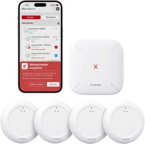 X-Sense Wassermelder WLAN mit SBS50 Basisstation, Smarter Wassermelder, App-Warnungen, wasserdicht nach IP67, Funk-Wassersensor für Küche, Bad, Keller, SWS0A41, 5er Set