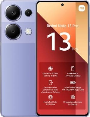 Xiaomi Redmi Note 13 Pro Smartphone, 12+512GB, Handy ohne Vertrag, 6,67" FHD+ AMOLED Display, 5.000 mAh, 200MP Kamera, Dual-SIM, Lila