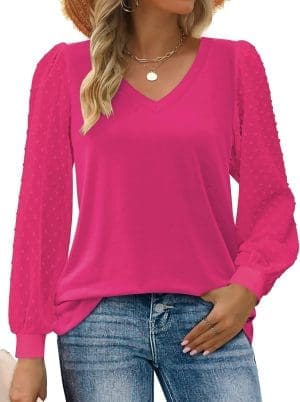 Zeagoo Damen Blusen Elegant V Ausschnitt Langarmshirt Tunika Bluse Tops Basic Pullover Oberteile Casual T-Shirt Einfarbig Hemd S-XXL