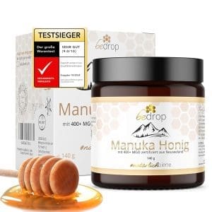 bedrop Manuka Honig mit MGO 400+ 140g XXL Glas - 100% Echter Premium Manukahonig aus Neuseeland mit zertifiziertem Methylglyoxal Gehalt (Analyse-Zertifikat)