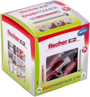 fischer DuoPower 8 x 65 S PH, Universaldübel mit Panheadschraube, 2-Komponenten-Dübel, Kunststoffdübel zur Befestigung in Beton, Ziegeln, Stein, Gipskarton uvm., 25 Dübel + 25 Schrauben