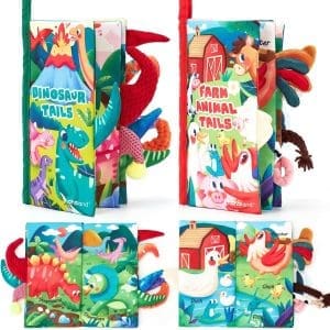 hahaland Baby Spielzeug 0 6 Monate Babybuch 2-Pack Sensorisches Stoffbuch, Interaktives Fühlbuch Bauernhof & Dinosaurier Lernspielzeuge Quiet Book Geschenk für Neugeborene