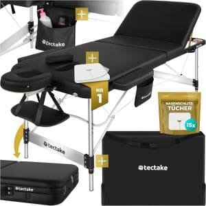 tectake® Massageliege 3 Zonen, Massagetisch, Massageliege klappbar, höhenverstellbare Aluminium Massageliege, Massagebett tragbar inkl. Zubehör, Kopfstütze, Armlehne, Tragetasche - schwarz