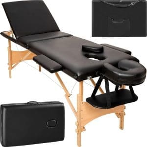 tectake® Mobile Massageliege 3 Zonen, höhenverstellbar, klappbar, Zubehör Kopfstütze, Tasche, belastbar bis 250kg, Möbel für Kosmetik, Massage, Tattoo Zubehör, Physiotherapie Zubehör - schwarz