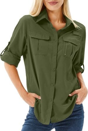 yeyity Hemdbluse, Damen-Langarmshirt mit UPF 50-Schutz, Damen-Outdoor-Wandershirt, Safari-Kleidung, atmungsaktive, schnell trocknende Freizeit-Oberteile für Damen, Sport-Oberteile