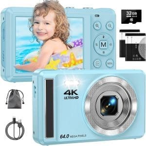 4K Digitalkamera mit 32 GB TF -Karte, 64 MP Auto Focus -Kamera mit 16 -fach digitaler Zoom, tragbare kompakte Kamera mit wiederaufladbaren 2 1200 mAh -Batterien, USB -Kabel für Teenager, Erwachsene, Anfänger
