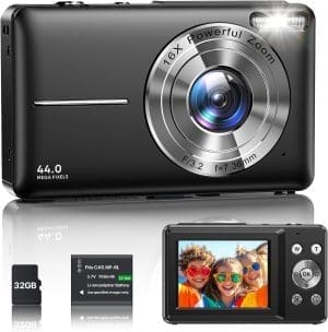 Digitalkamera 1080p Kamera 44MP Kamera Tragbare Kompaktkamera mit 2,4 -Zoll -LCD -Bildschirm, 16 -fach digitaler Zoom, 32G Mikrospeicherkarte, 1 Akku für Kinder, Teenager, Schüler, Anfänger, Schwarz