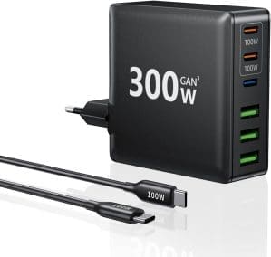 300 W USB-C-Ladegerät, 6 Port USB-Ladegerät, mehrfach schnelles Ladegerät mit 3 USB-C und 3 USB-A, Gan PD-Ladegerät USB C für MacBook iPad Pro/Air, iPhone 16 15 Pro Max, Samsung usw.