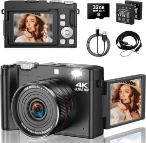 4K Digitalkamera 64MP Vlogging -Kamera mit 2,8 Zoll 180 Grad Flip Screen, 18x Zoomkamera für Fotografie mit Autofokus- und 32 -GB
