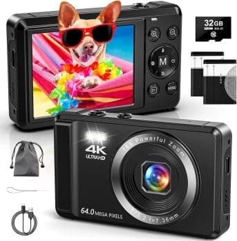 4K Digitalkamera mit 32 GB TF -Karte, 64 MP Auto Focus -Kamera mit 16 -fach digitaler Zoom, tragbare kompakte Kamera mit wiederaufladbaren 2 1200 mAh -Batterien, USB -Kabel für Teenager, Erwachsene, Anfänger