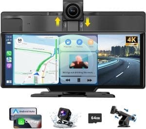 Alpinetech Wireless CarPlay Display & Android Car Display: 10,26 Zoll tragbares Auto -Radio mit 4K Dash Nocken -Heckkamera Siri Bluetooth Mirror Link Aux FM SD -Karte für alle Fahrzeuge