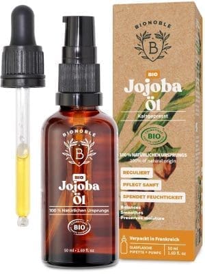 Bionoble Bio Jojobaöl, 50 ml-100% rein, natürlicher und kalt gepresst-Gesicht, Körper, Haare, Bart, Nägel-vegan und grausamkeitsfrei-Jojoba-Öl-Glasflasche, Pipette, Pumpe