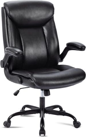 Bürrostuhl Ergonomischer Schreibtischstuhl pu Leder Dreihstuhl mit Hochklappbarer Armlehne, Höhenverstellbar, Bebquem für Büro -Heimspiele (Schwarz)