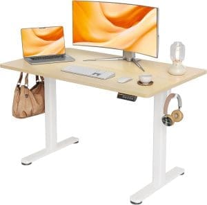 Claiks Height Ventle Selektrische elektrische Schreibtisch, Höhenverstellbarer Schreibtisch, 120 x 60 cm, stehender Höhenhöhe einstellbarer Schreibtisch, weißer Rahmen/beige Oberfläche