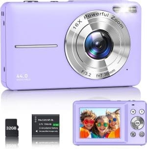 Digitalkamera 1080p Kamera 44MP Kamera Tragbare Kompaktkamera mit 2,4 -Zoll -LCD -Bildschirm, 16x Digital Zoom, 32G Mikrospeicherkarte, 1 Akku für Kinder, Teenager, Studenten, Anfänger, Lila