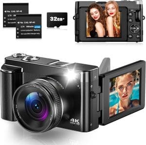 Digitalkamera 4K 48MP Autofokuskamera mit 3 Zoll 180 ° Klappbildschirm, 4K -Kompakt -Digitalkameras mit 32 -GB -Karte, 16 -fache digitaler Zoom, 2 Batterien für Anfänger, Teenager