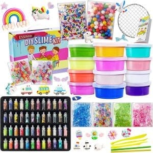 Essenson Kinder-DIY-Slime-Kit mit 12 Farben Kristalltonschleim, 48 Glitzerpulver, Einhorn-Reiz, Schaumstoffkugeln, Obst, Gesichter für Handwerk, geeignet für 6-12 Jahre im Alter von 6 bis 12 Jahren